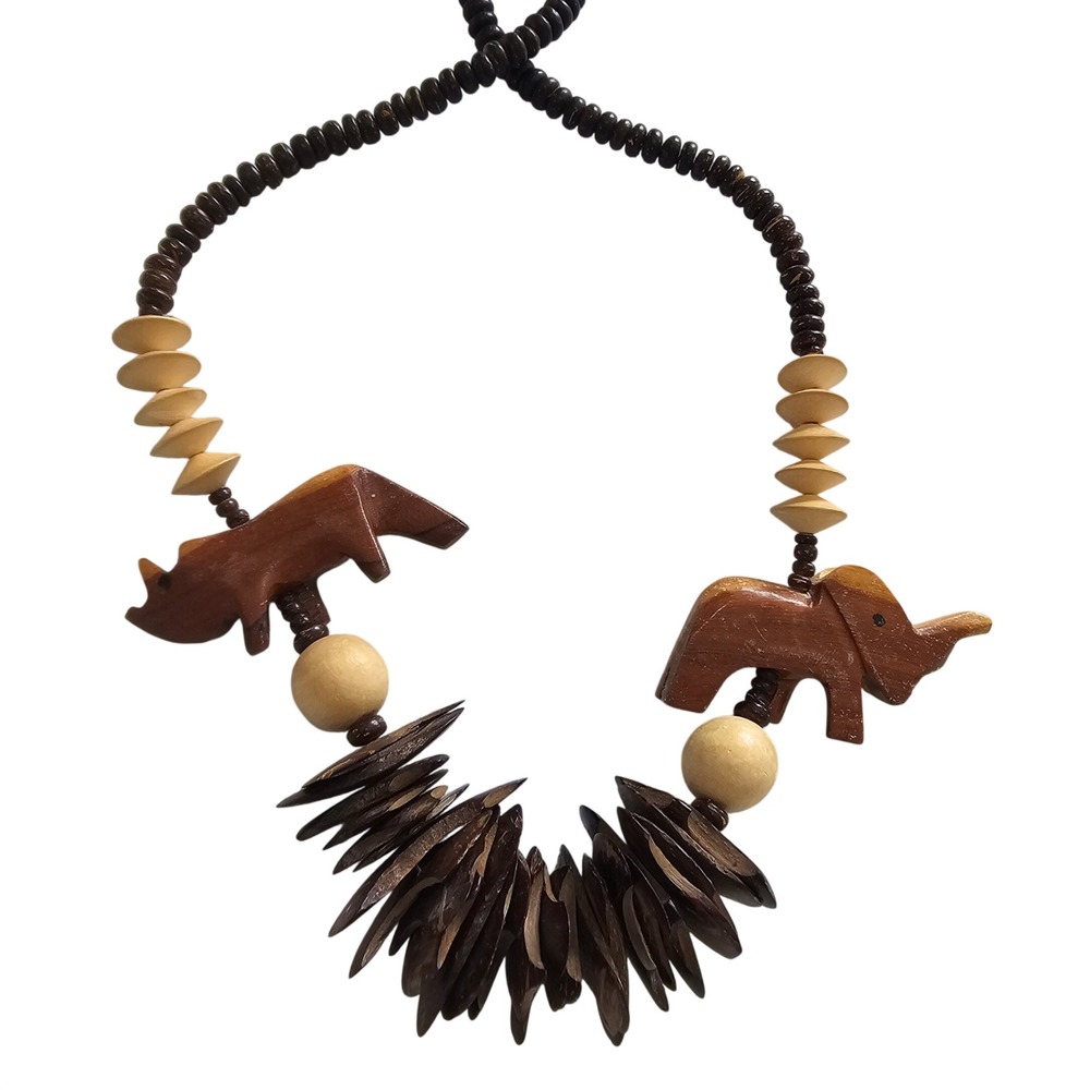 Hand Carved Wood Necklace Elephant‎ Rhino Tribal African Inspired Statement